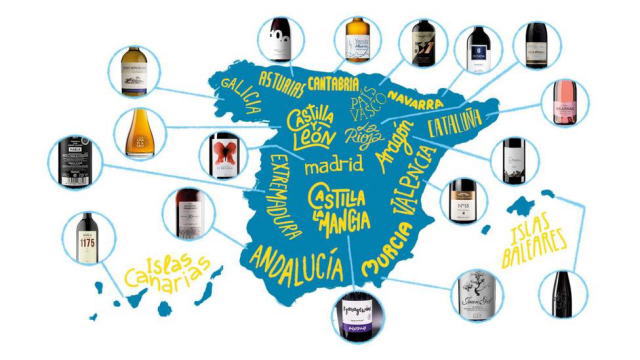 スペインの各自治州で最も人気のあるワインの地図